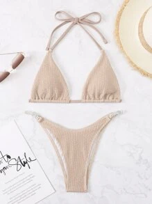 Solid Textured Rhinestone Studded Bikini - Khaki - View 5