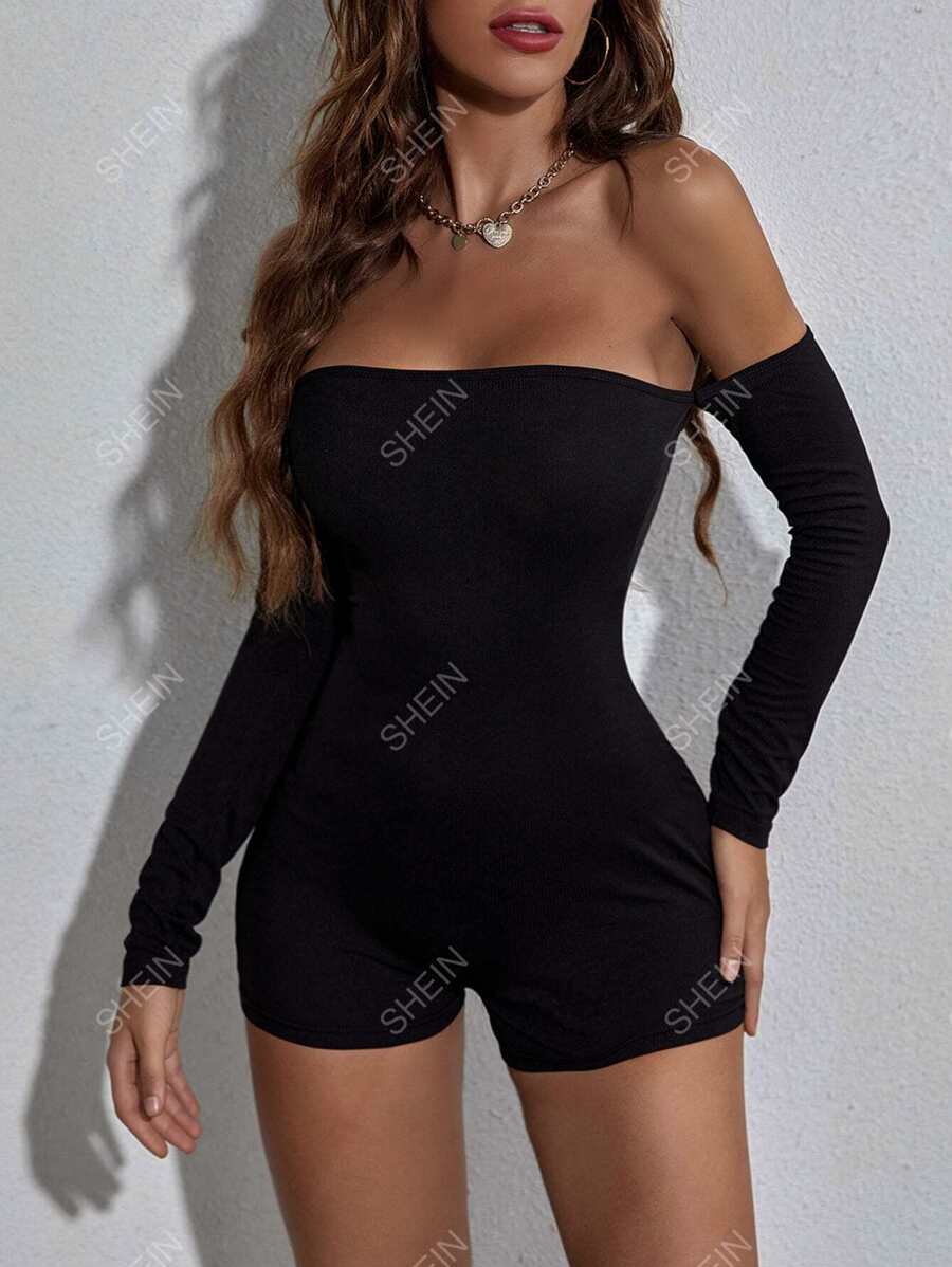 Allurite Mono unitard de hombros descubiertos tejido de canalé - Negro - Ver 1