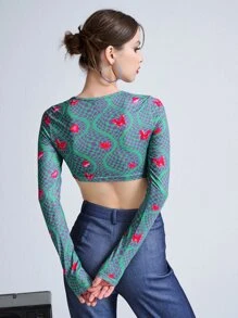 SHEIN ICON Butterfly Print Pearl Beaded Cut Out Top - Multicolor - View 2