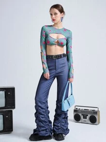 SHEIN ICON Butterfly Print Pearl Beaded Cut Out Top - Multicolor - View 3