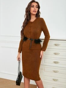 Modelyn Ribbed Knit Cardigan & Knit Skirt Without Belt Fall Cloth For Women - Brown - View 5