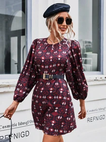 Aveloria Allover Geo Print Lantern Sleeve Dress Without Belt Fall Cloth For Women - Multicolor - View 1