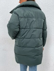 Solid Button Up Padded Padded Coat Clothes Winter - Dark Green - View 2