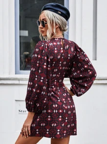 Aveloria Allover Geo Print Lantern Sleeve Dress Without Belt Fall Cloth For Women - Multicolor - View 2