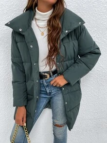 Solid Button Up Padded Padded Coat Clothes Winter - Dark Green - View 3
