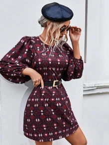 Aveloria Allover Geo Print Lantern Sleeve Dress Without Belt Fall Cloth For Women - Multicolor - View 3