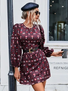 Aveloria Allover Geo Print Lantern Sleeve Dress Without Belt Fall Cloth For Women - Multicolor - View 4