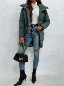 Solid Button Up Padded Padded Coat Clothes Winter - Dark Green - View 4