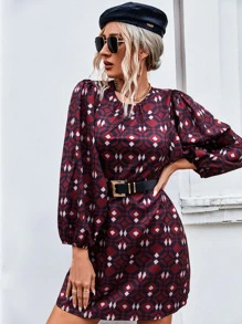 Aveloria Allover Geo Print Lantern Sleeve Dress Without Belt Fall Cloth For Women - Multicolor - View 5