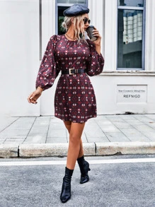 Aveloria Allover Geo Print Lantern Sleeve Dress Without Belt Fall Cloth For Women - Multicolor - View 6