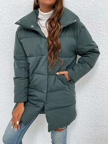 Solid Button Up Padded Padded Coat Clothes Winter - Dark Green - View 6