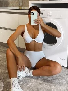 SHEIN Swim Chất rắn Bộ Bikini Vòng thép Áo ngực đẩy & Hipster Đáy 2 mảnh Bộ đồ tắm - trắng - Xem 1