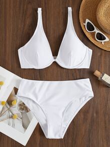 SHEIN Swim Chất rắn Bộ Bikini Vòng thép Áo ngực đẩy & Hipster Đáy 2 mảnh Bộ đồ tắm - trắng - Xem 6