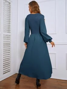 Mulvari 燈籠袖前打結毛衣裙 - 霧霾藍 - 查看 2