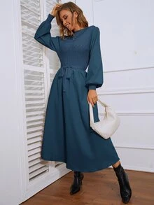 Mulvari 燈籠袖前打結毛衣裙 - 霧霾藍 - 查看 3