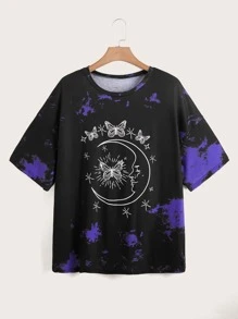 Plus Tie Dye Moon & Butterfly Print Drop Shoulder Tee - Black - View 1