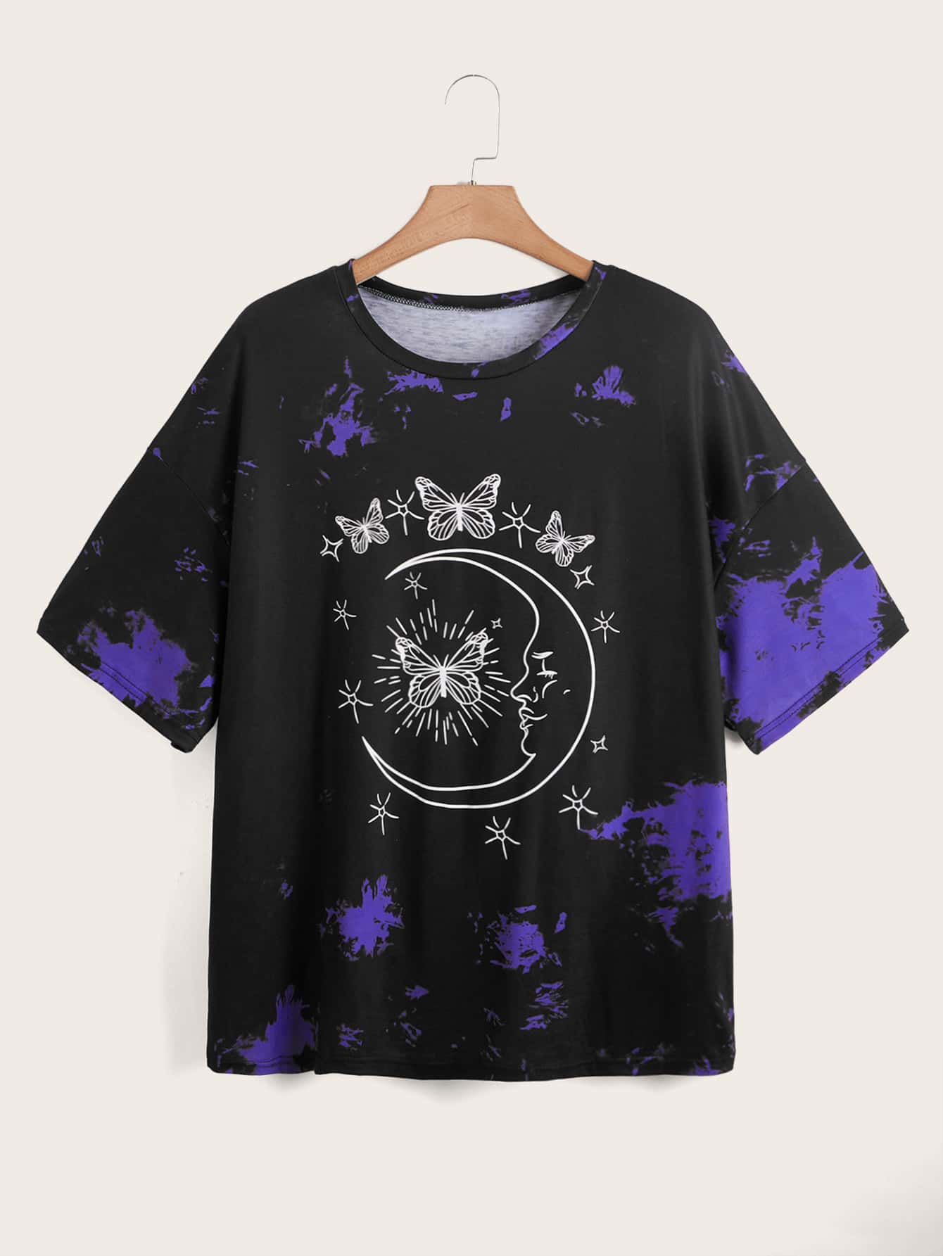 Plus Tie Dye Moon & Butterfly Print Drop Shoulder Tee - Black - View 1