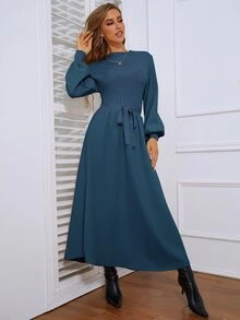 Mulvari 燈籠袖前打結毛衣裙 - 霧霾藍 - 查看 6