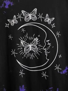 Plus Tie Dye Moon & Butterfly Print Drop Shoulder Tee - Black - View 3