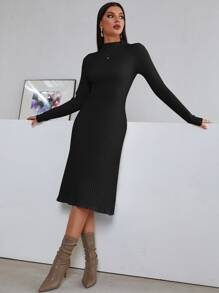 SHEIN Ladies áo len váy màu trơn Thanh lịch - màu đen - Xem 3