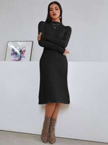 SHEIN Ladies áo len váy màu trơn Thanh lịch - màu đen - Xem 5