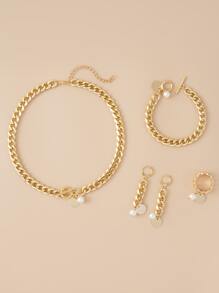 Bộ trang sức trang sức ngọc trai nhân tạo 5 món - Vàng - Xem 2