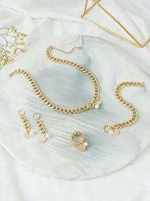 Bộ trang sức trang sức ngọc trai nhân tạo 5 món - Vàng - Xem 4