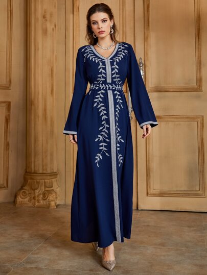 Layrah Plant geborduurd contrast tape ceintuur kaftan jalabiya bescheiden lange mouwen arabische jurk, elegante luxe avondfeest stijl