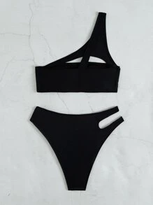 Swim SXY Summer Beach Solid Bikini Set Cut-Out One Shoulder Top & High Waisted Bottom 2 Piece Bathing Suit - Black - View 2