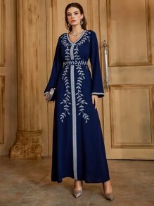 Layrah Plant Embroidered Contrast Tape Belted Kaftan Jalabiya Modest Long Sleeve Maxi Length Arabian Dress, Elegant Luxury Evening Party Style - Navy Blue - View 6