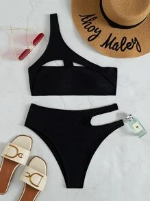 Swim SXY Summer Beach Solid Bikini Set Cut-Out One Shoulder Top & High Waisted Bottom 2 Piece Bathing Suit - Black - View 3