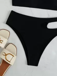 Swim SXY Summer Beach Solid Bikini Set Cut-Out One Shoulder Top & High Waisted Bottom 2 Piece Bathing Suit - Black - View 4