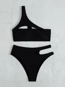 Swim SXY Summer Beach Solid Bikini Set Cut-Out One Shoulder Top & High Waisted Bottom 2 Piece Bathing Suit - Black - View 5
