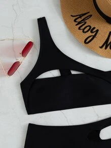 Swim SXY Summer Beach Solid Bikini Set Cut-Out One Shoulder Top & High Waisted Bottom 2 Piece Bathing Suit - Black - View 6