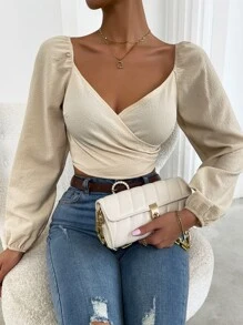 Chiquease Lantern Sleeve Shirred Back Surplice Front Top - Apricot - View 1