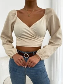 Chiquease Lantern Sleeve Shirred Back Surplice Front Top - Apricot - View 3