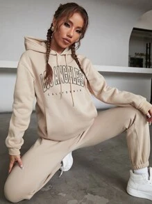 INAWLY con letra con bolsillo de canguro con cordón Capucha & Pantalones deportivos - Caqui - Ver 1