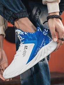 Men Tape Decor Lace-up Sneakers - Blue and White - View 1