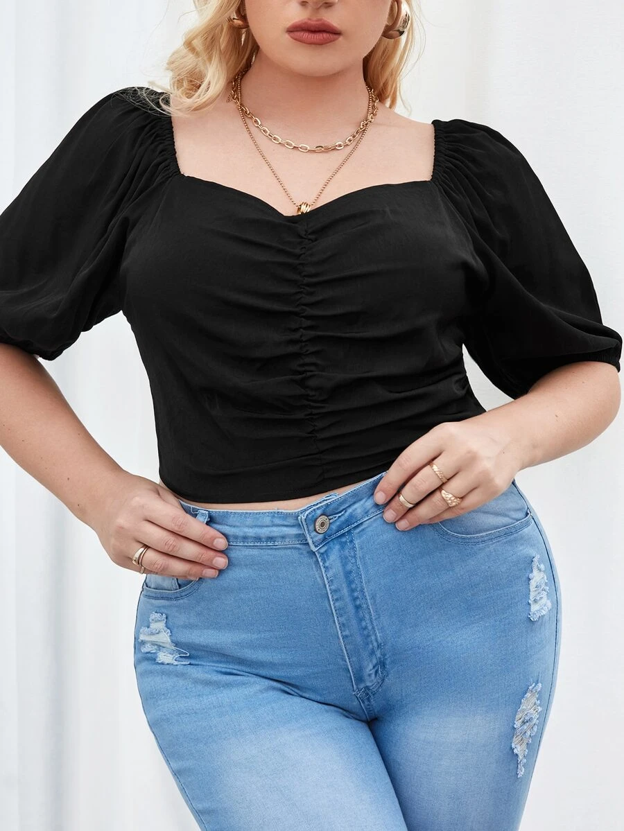 Blusa escote corazón de manga farol fruncido - Negro - Ver 1