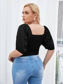 Blusa escote corazón de manga farol fruncido - Negro - Ver 2