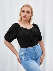 Blusa escote corazón de manga farol fruncido - Negro - Ver 3