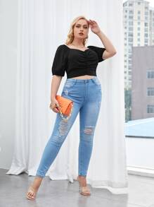 Blusa escote corazón de manga farol fruncido - Negro - Ver 4