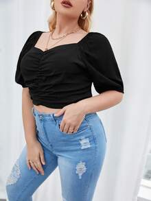 Blusa escote corazón de manga farol fruncido - Negro - Ver 5