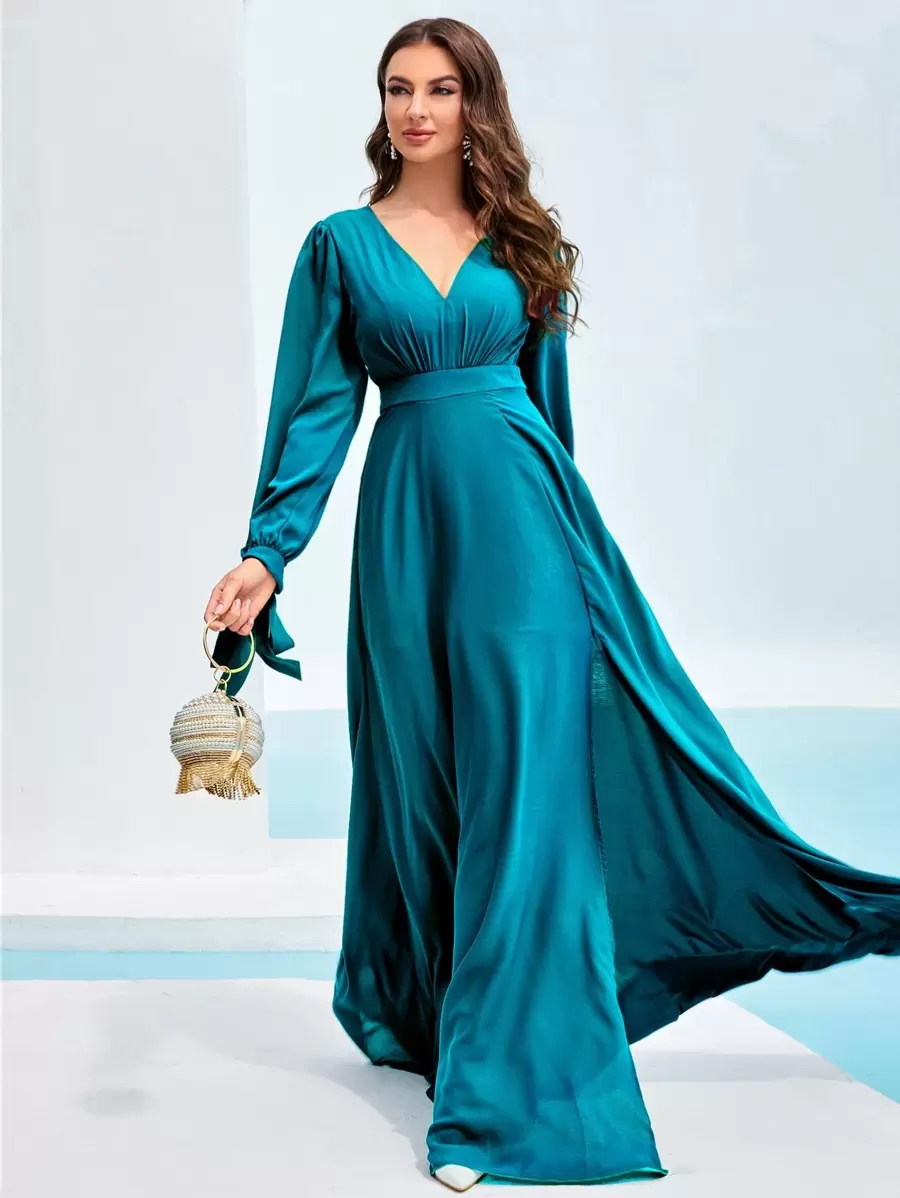 Modelyn Tie Cuff Slit Thigh Dress - Teal Blue - View 1