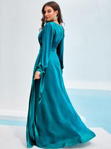 Modelyn Tie Cuff Slit Thigh Dress - Teal Blue - View 2