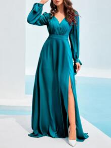 Modelyn Tie Cuff Slit Thigh Dress - Teal Blue - View 6