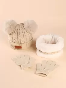 幼童冬天絨球裝飾豆豆帽和圍脖和手套