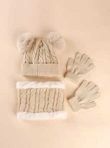 幼童冬天絨球裝飾豆豆帽和圍脖和手套