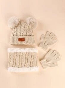 幼童冬天絨球裝飾豆豆帽和圍脖和手套