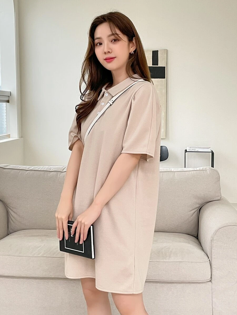 DAZY 素色Polo領T恤洋裝 - 杏色 - 查看 1